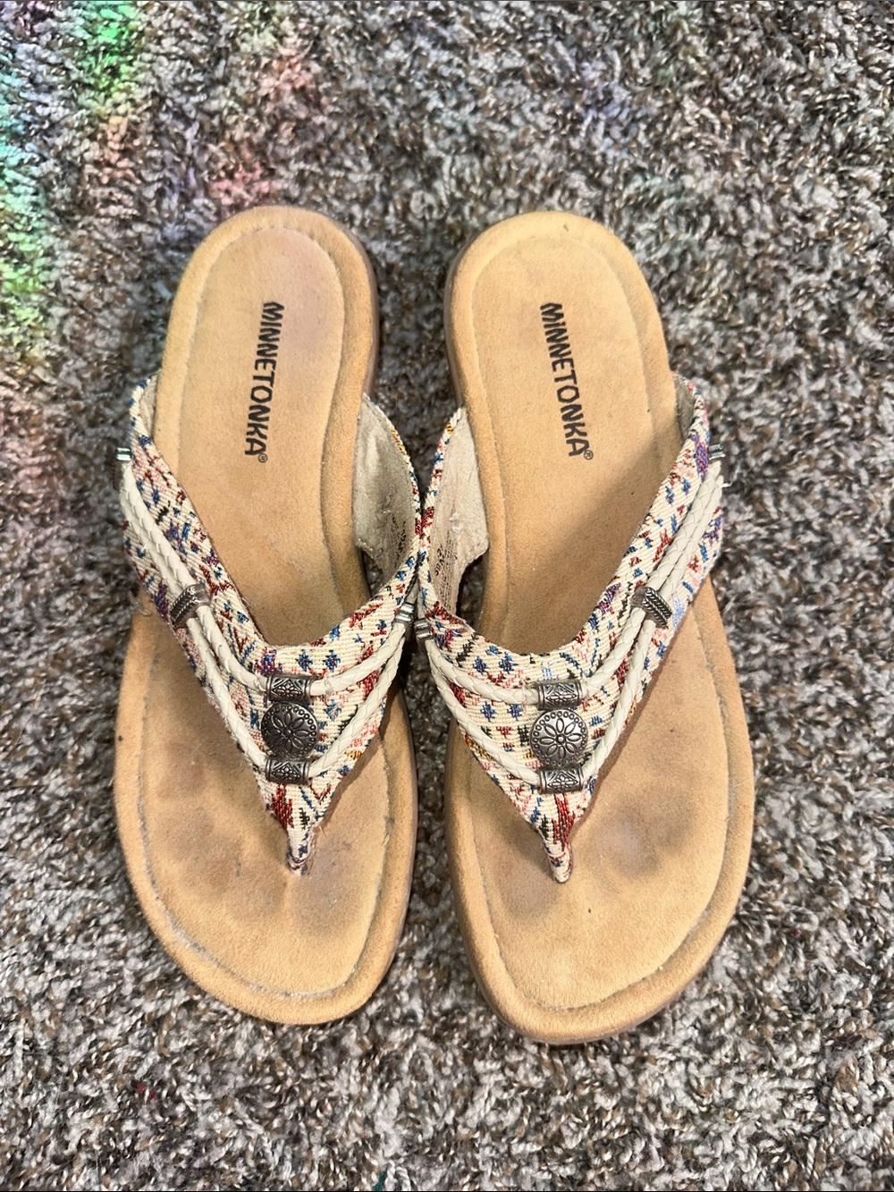 Minnetonka Beige Multi-Patterned Fabric Thong Sandals with Silver Accents